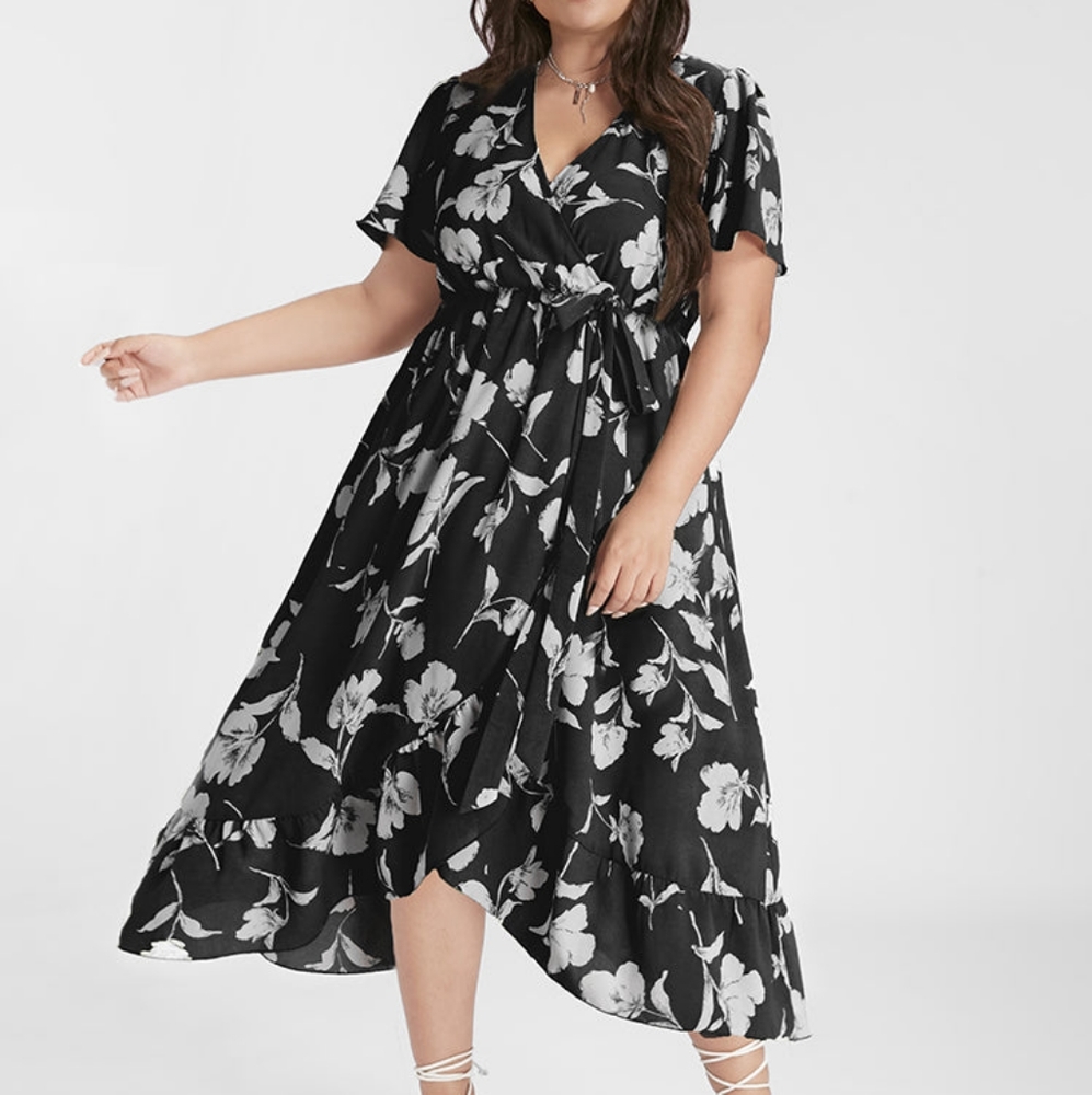 BLOOMCHIC Bloom Floral Ruffle Knot Side Wrap Dress Black Size 22